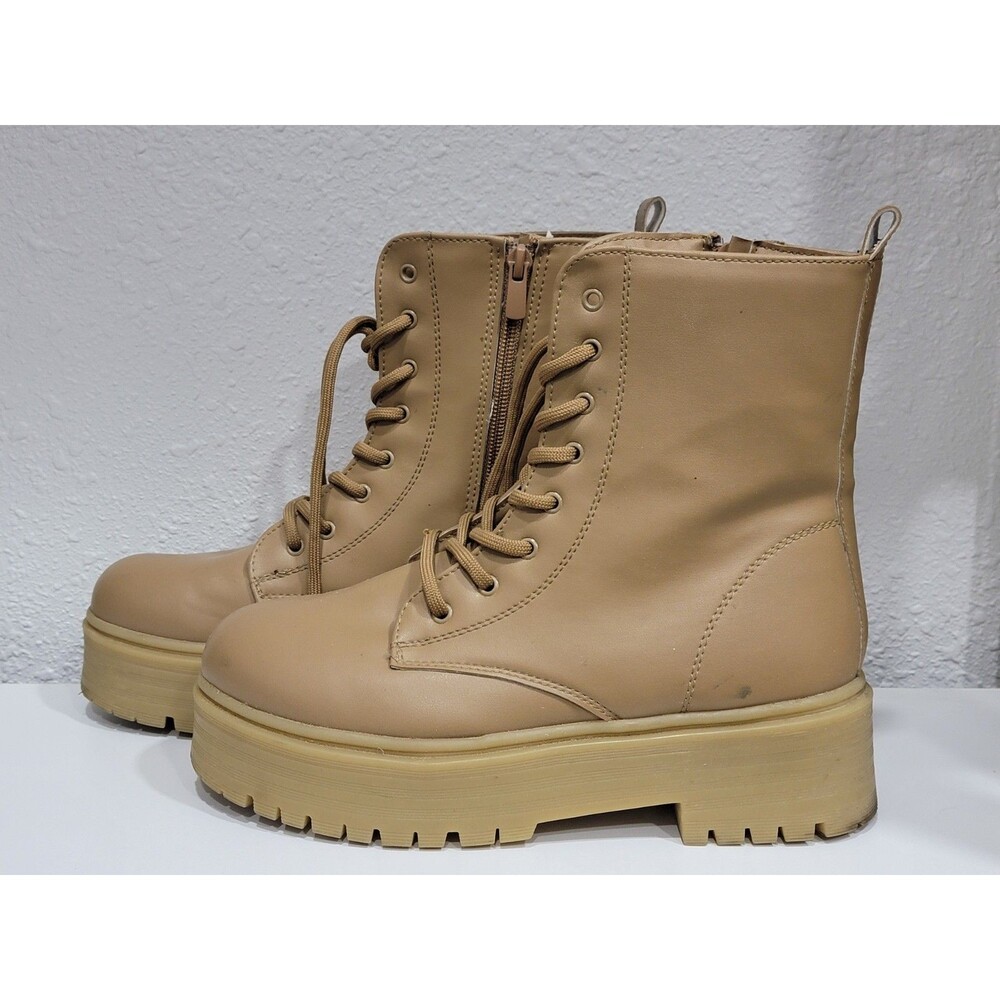 LC Waikiki Platform Boots Combat Brown Tan  Faux Leather Women US 8.5